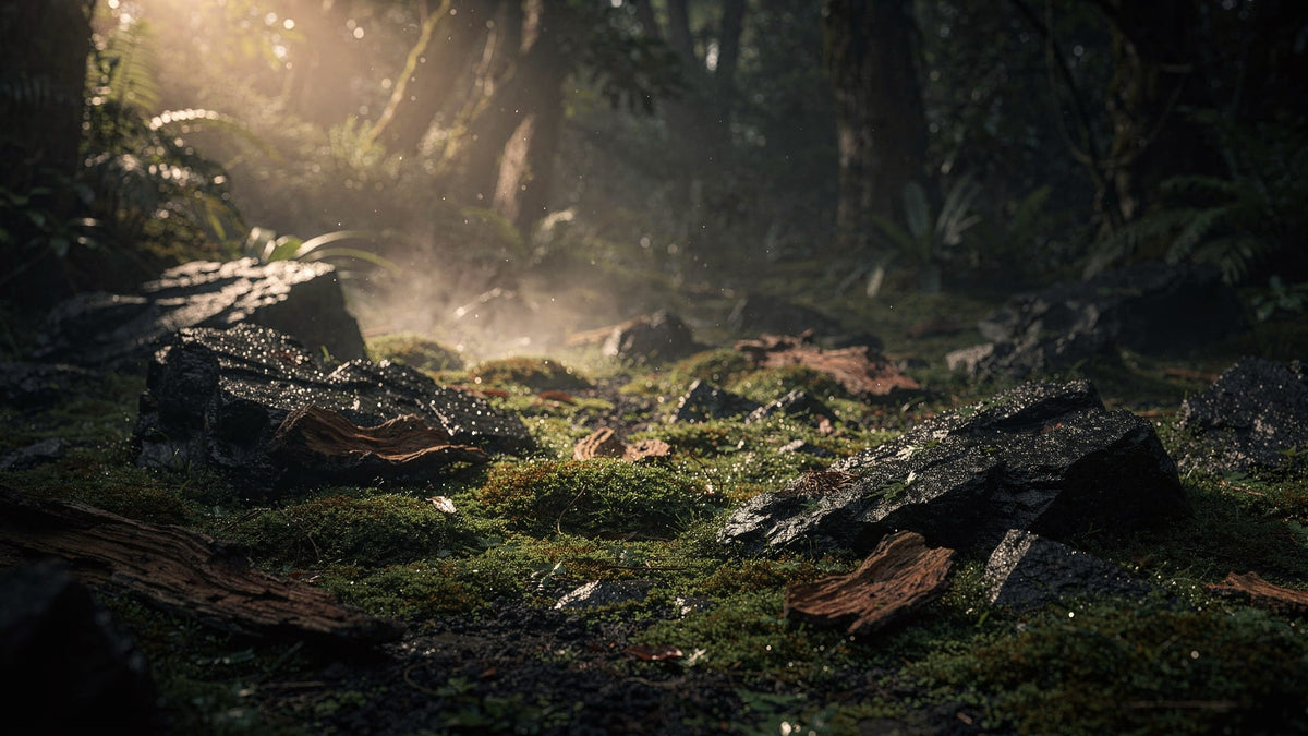 Misty dark forest floor with wet basalt rock and morning light